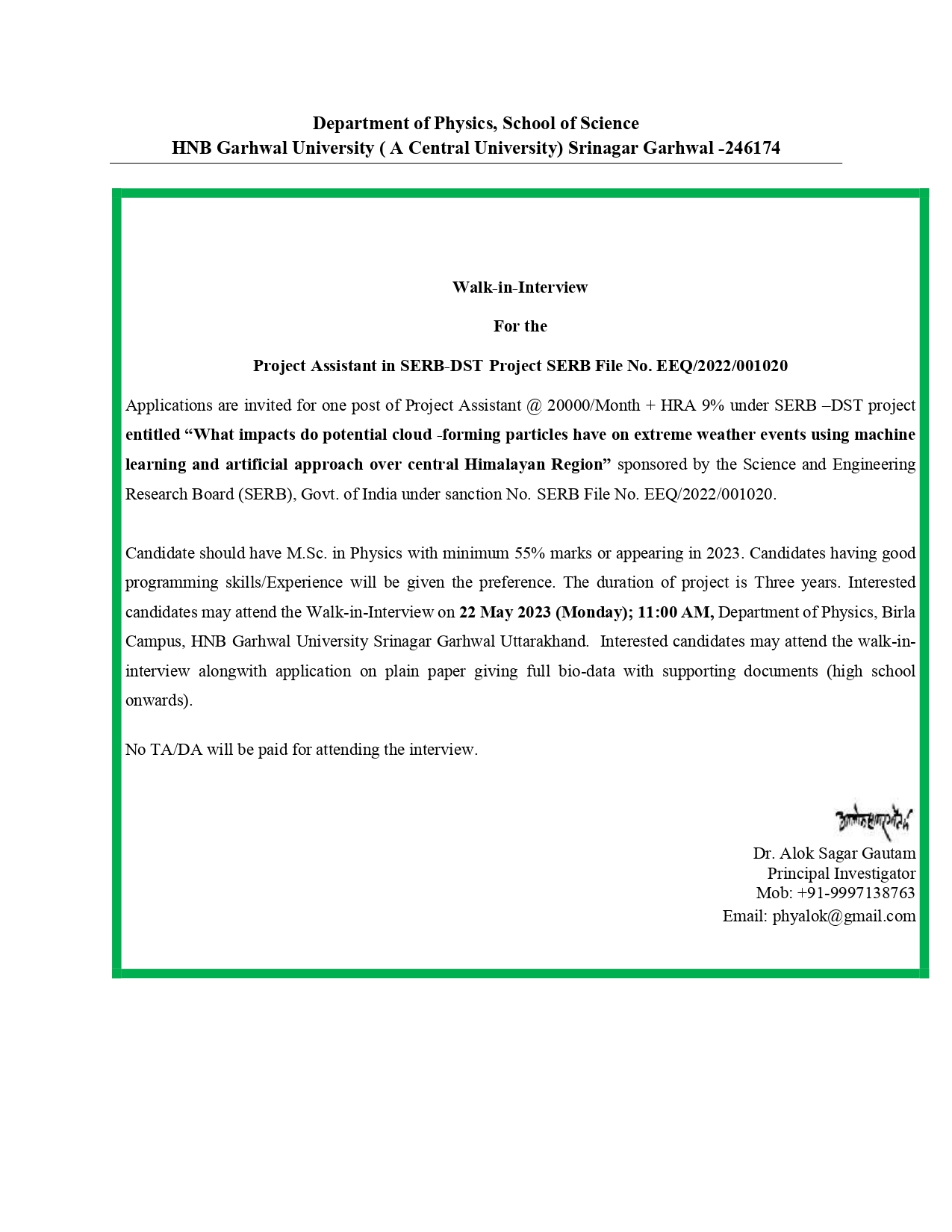 Walk-in-Interview for the Project Assistant in SERB-DST Project